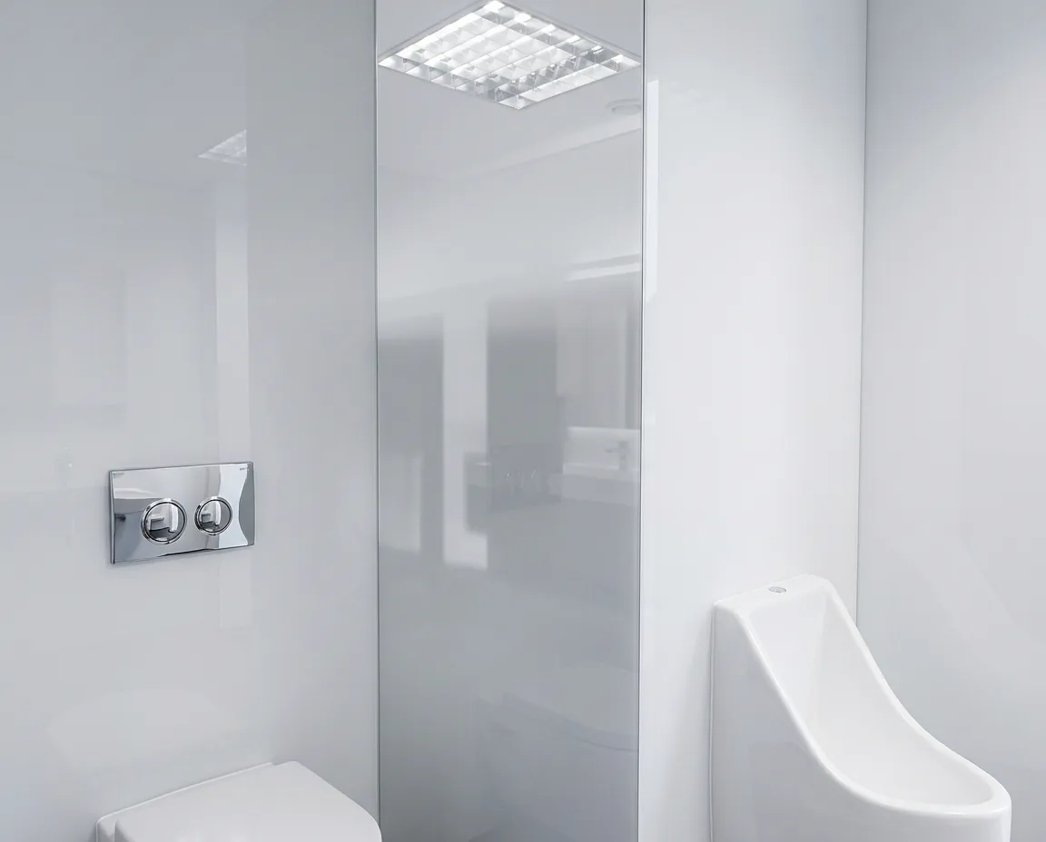Example restroom trailer interior fixtures and wall finish