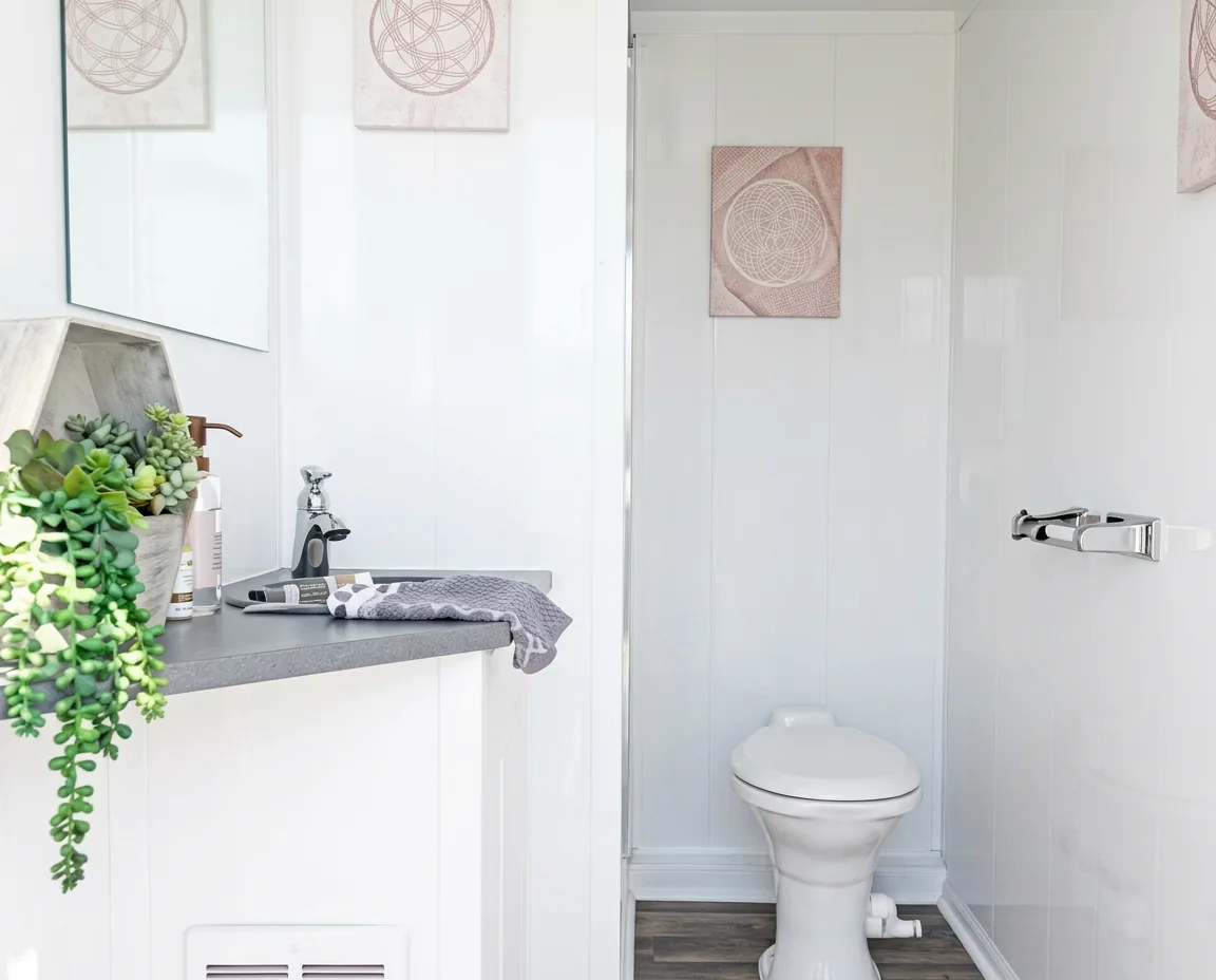 Example bright restroom trailer interior with sink, mirror, and toilet