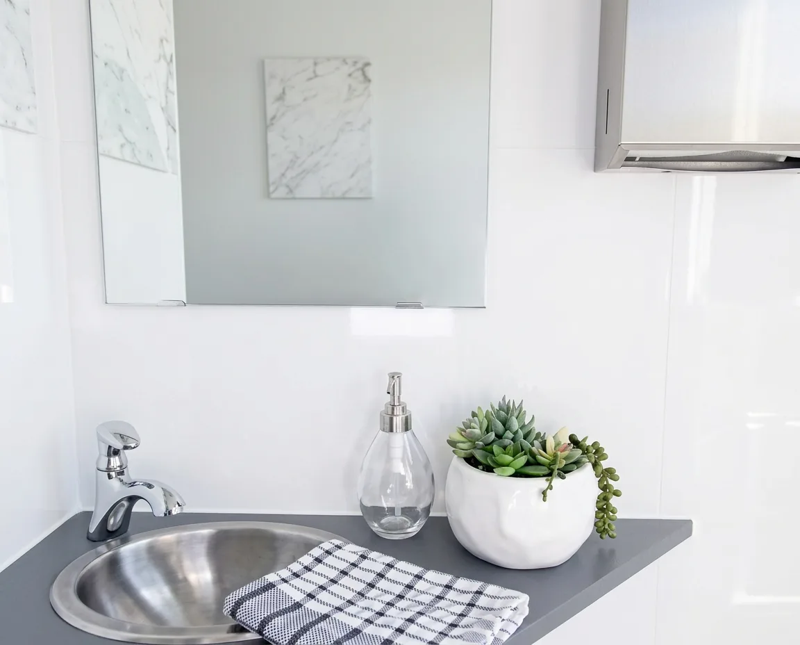 Example restroom vanity with stainless sink, mirror, and counter